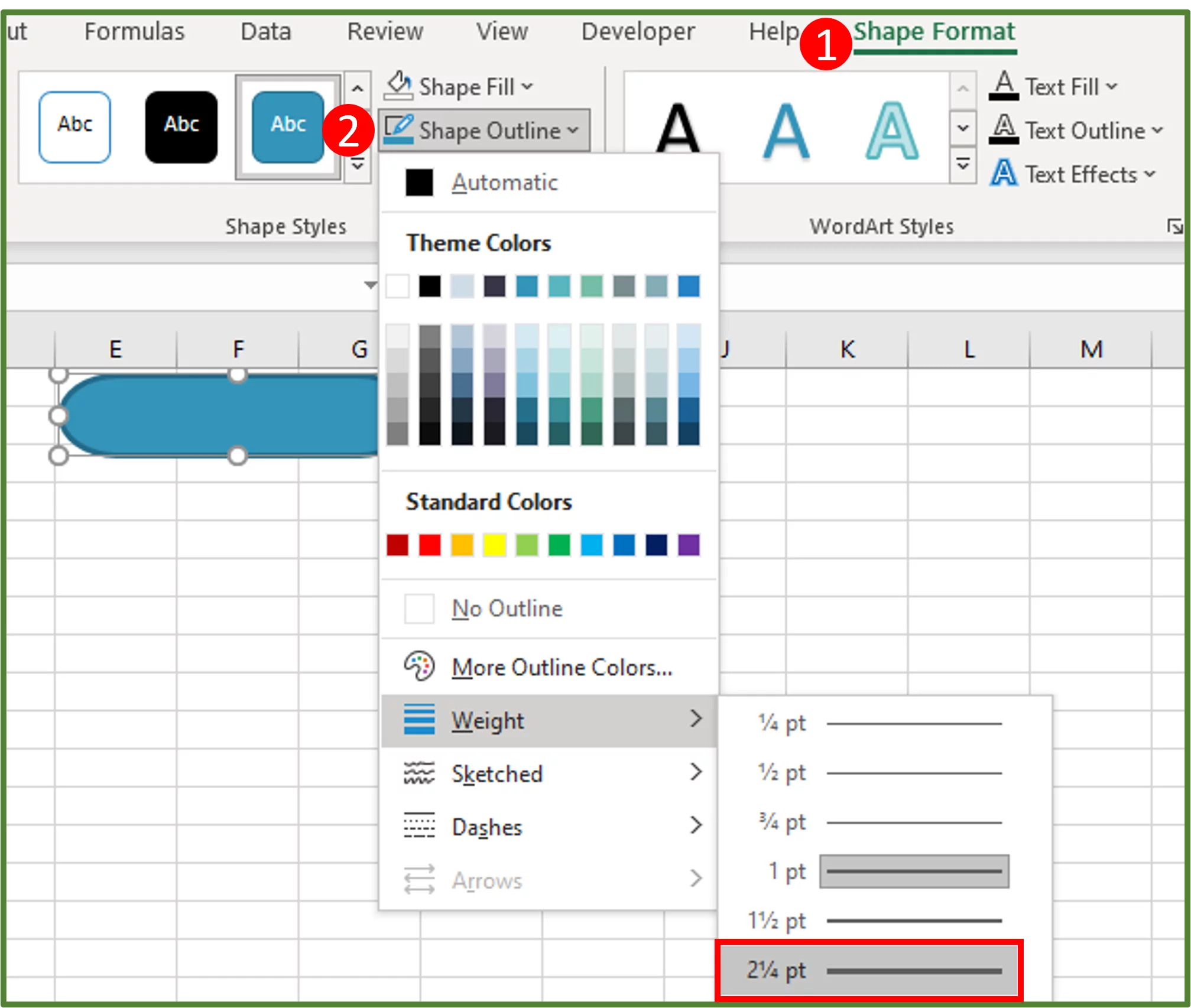 Screenshot showing the weight of the Shape Outline highlighted.