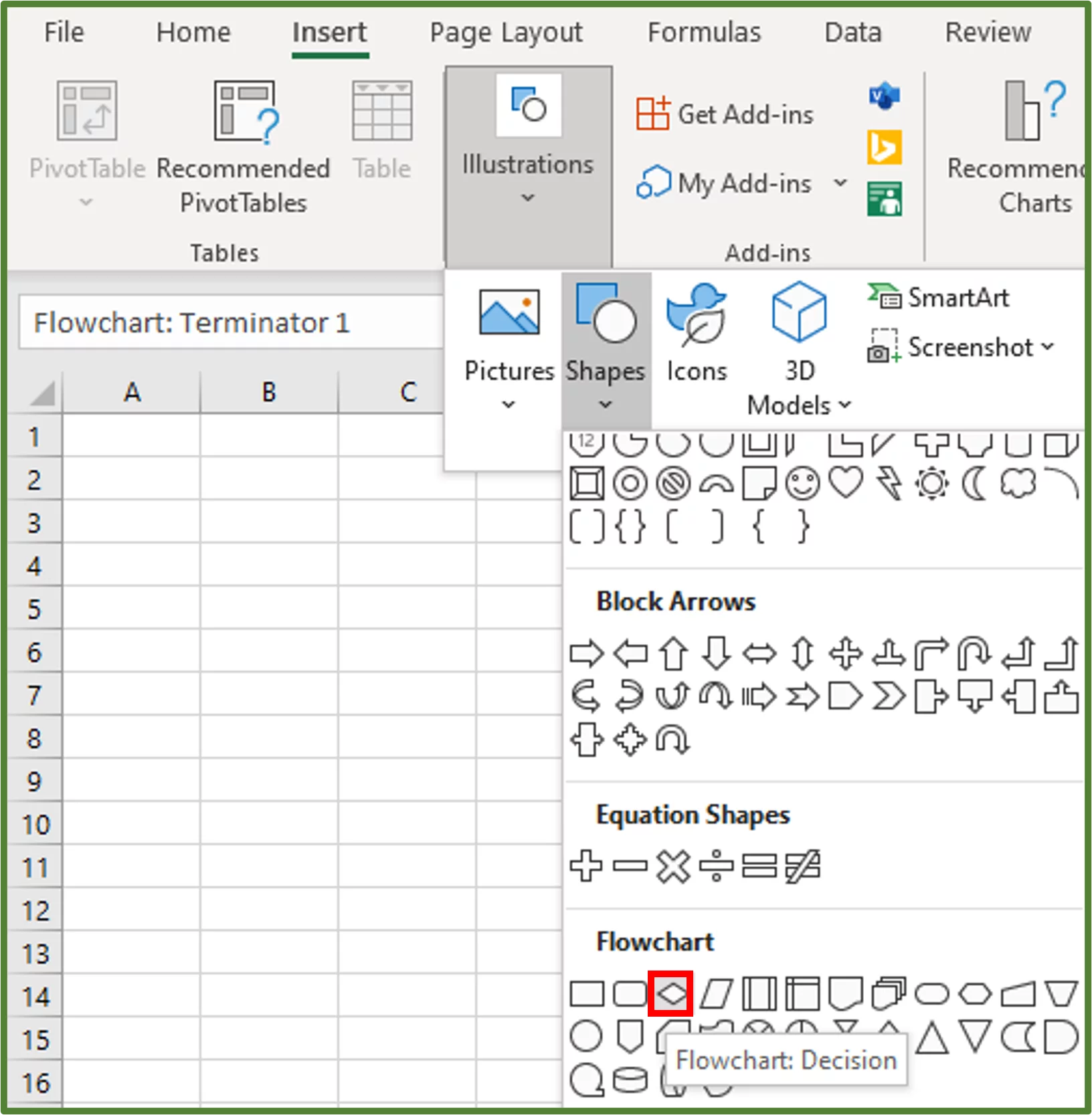 Screenshot showing the Flowchart decision shape highlighted.