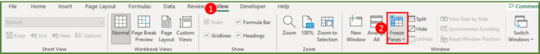 Screenshot showing the Freeze Panes option in the Window Group in the View Tab.