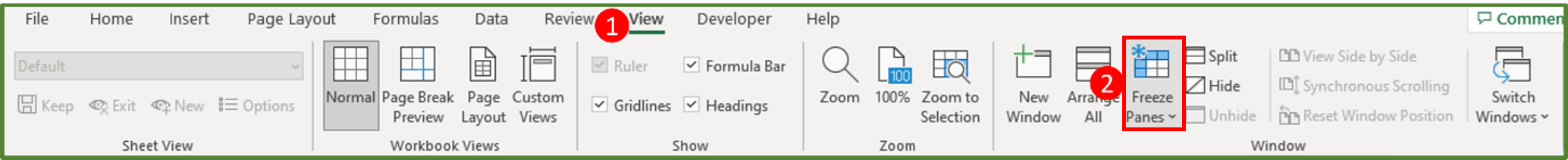 Screenshot showing the Freeze Panes option in the Window Group in the View Tab, highlighted.