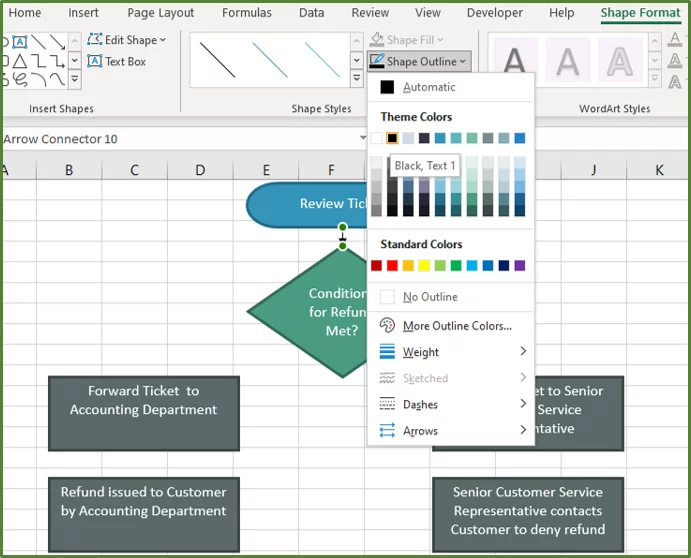 Screenshot showing the Line Arrow outline colour changed to black.