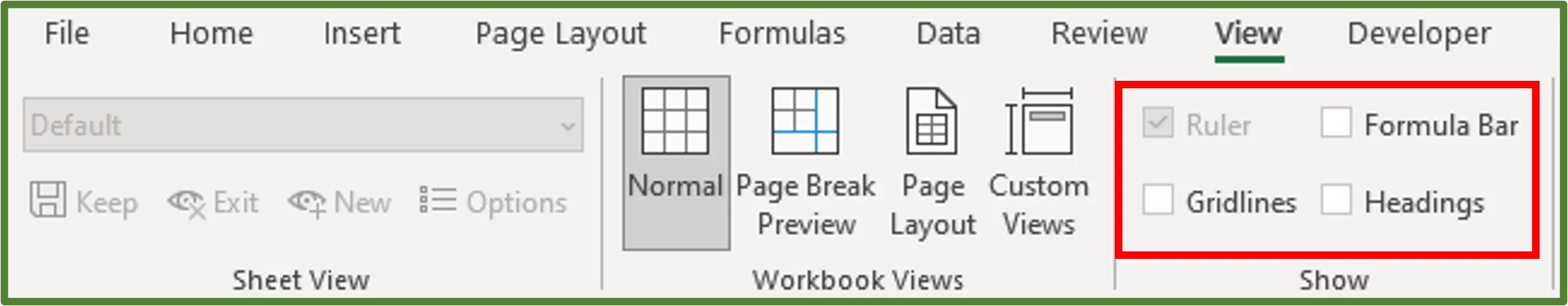 Screenshot showing the three options in the Show Group unchecked.