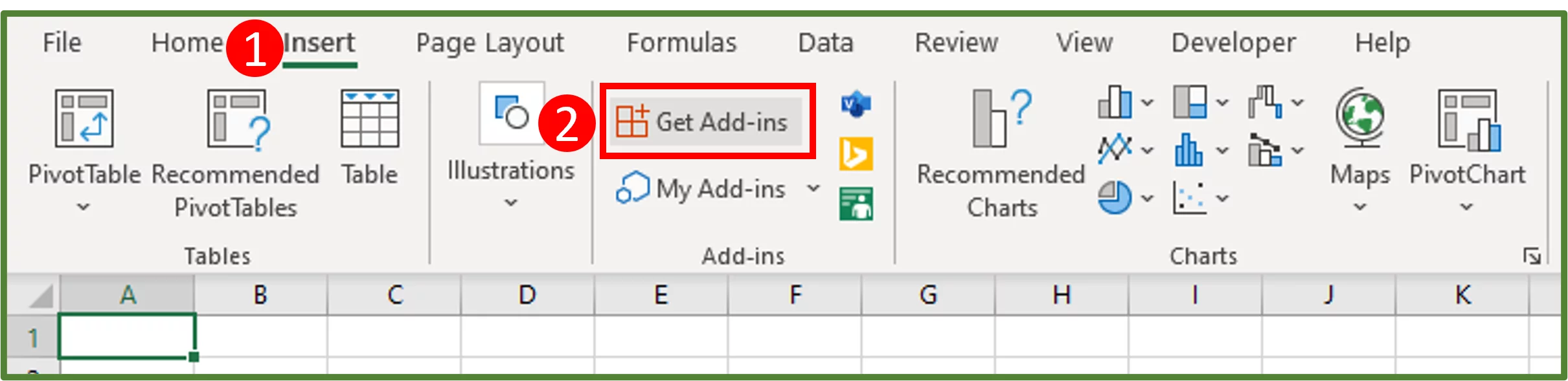 Screenshot showing the Get Add-ins option in the Add-ins group highlighted.