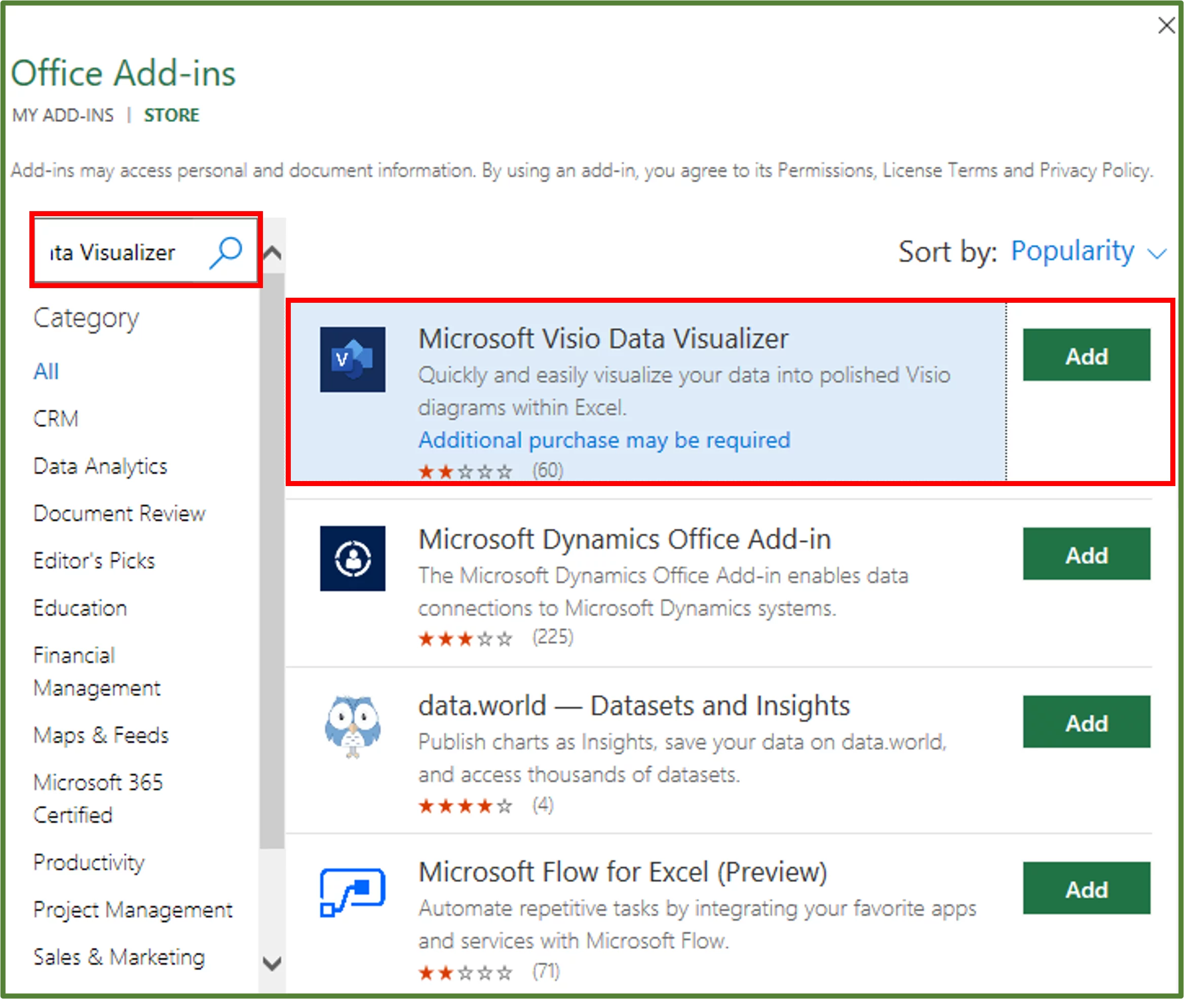 Screenshot showing the Microsoft Visio Data Visualizer Add-in.