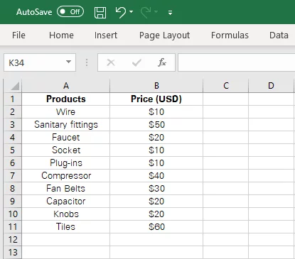 Product Price data in USD