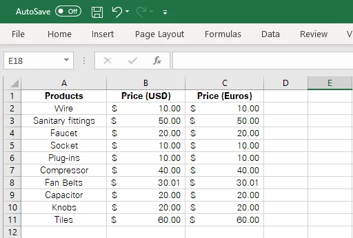 Copying and pasting the original price column