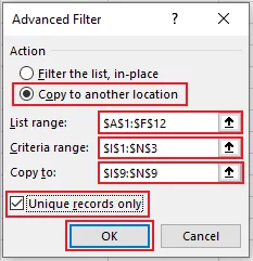 Populated advanced filters’ dialogue box