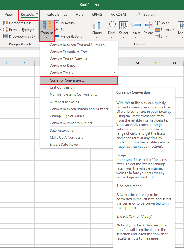 Launching the Kutools currency conversion tool