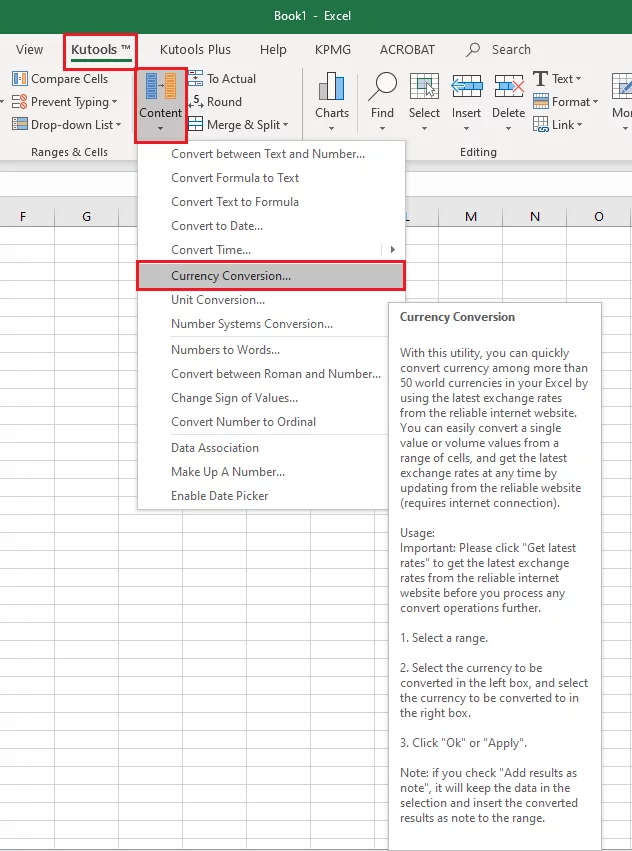 Launching the Kutools currency conversion tool