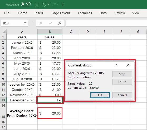 Excel yields the targeted value for December 20X0