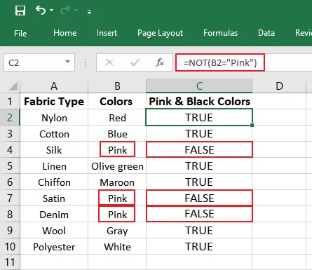 The NOT Logical Functions returns FALSE for cells having ‘Pink’ value.