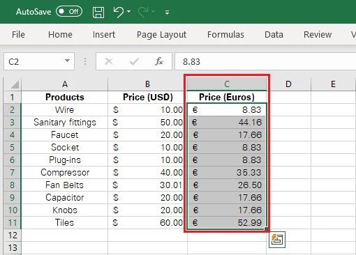 Excel replaces the USD prices with Euro Prices