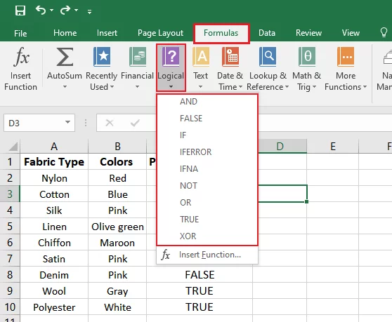 Route to the logical functions in Excel.