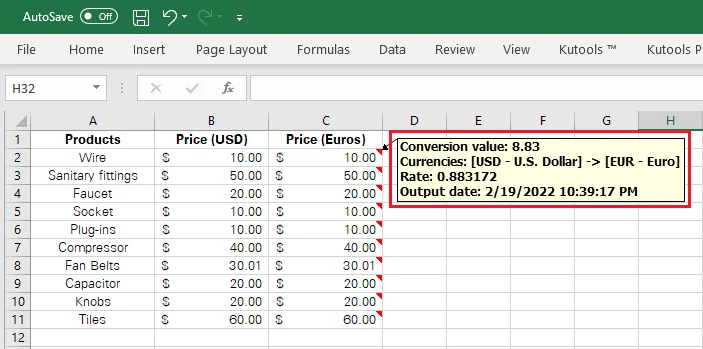Excel adds comments to each cell containing USD prices