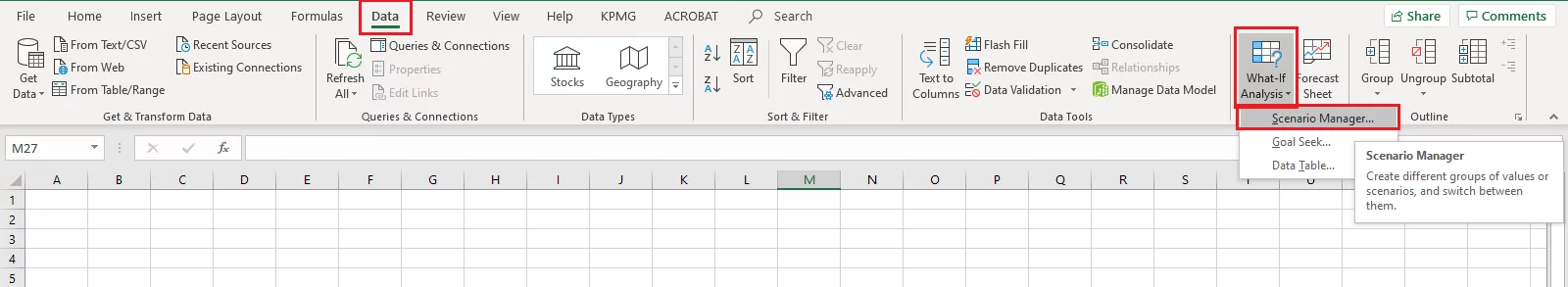 Accessing the Scenarios feature in Excel
