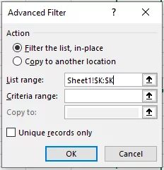 Advanced Filters Dialogue box