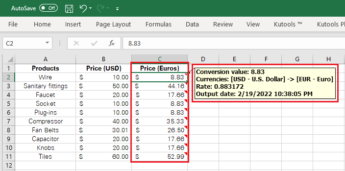Excel replaces USD with Euros and adds comments to each cell
