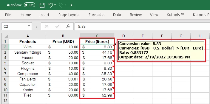 Excel replaces USD with Euros and adds comments to each cell