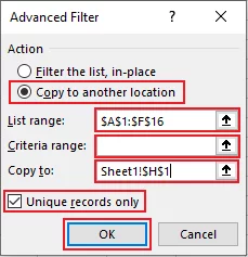 Options chosen under Advanced Filter