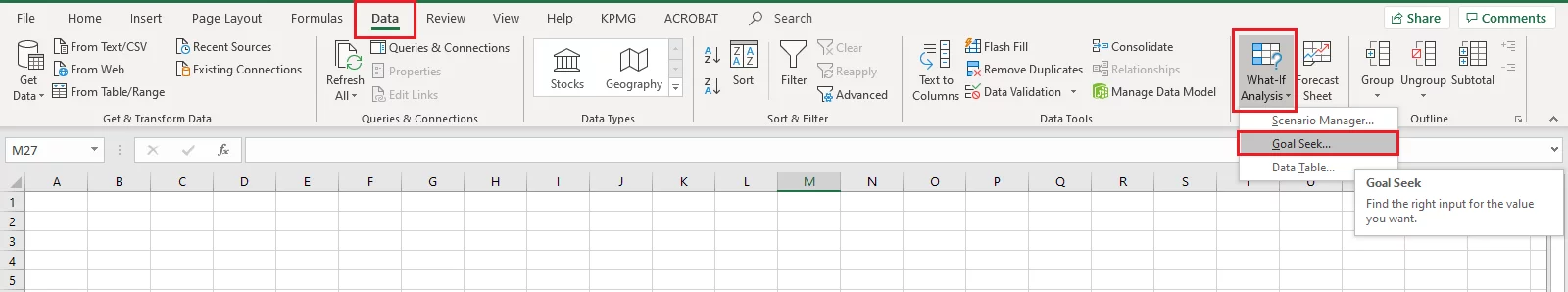 Accessing the Goal Seek feature in Excel
