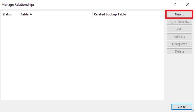 Manage Relationships dialogue box