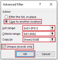 Populated advanced filters’ dialogue box