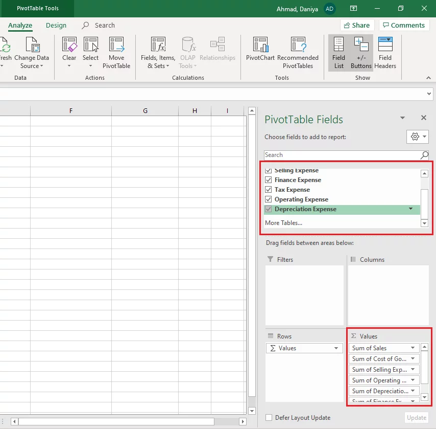 Adding fields to the Pivot Table