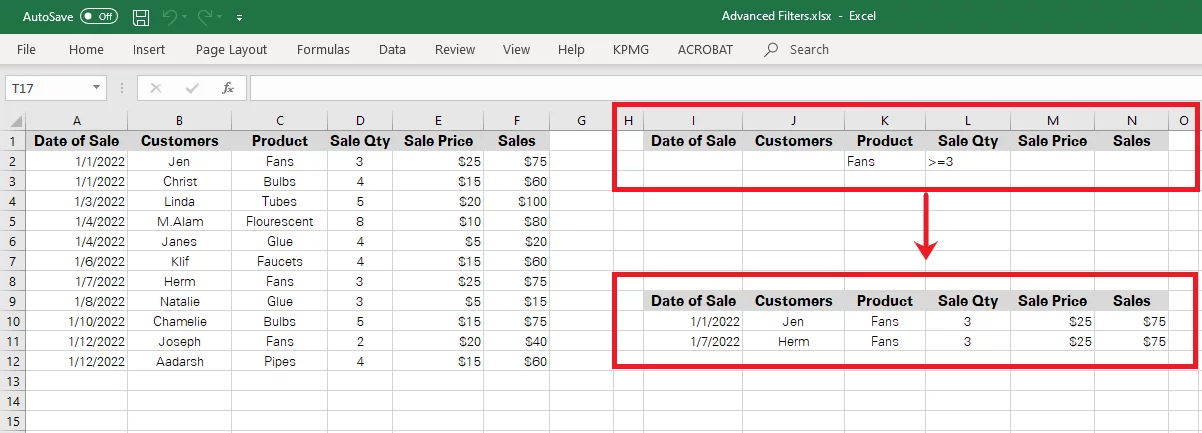 Excel filters data based on AND criteria