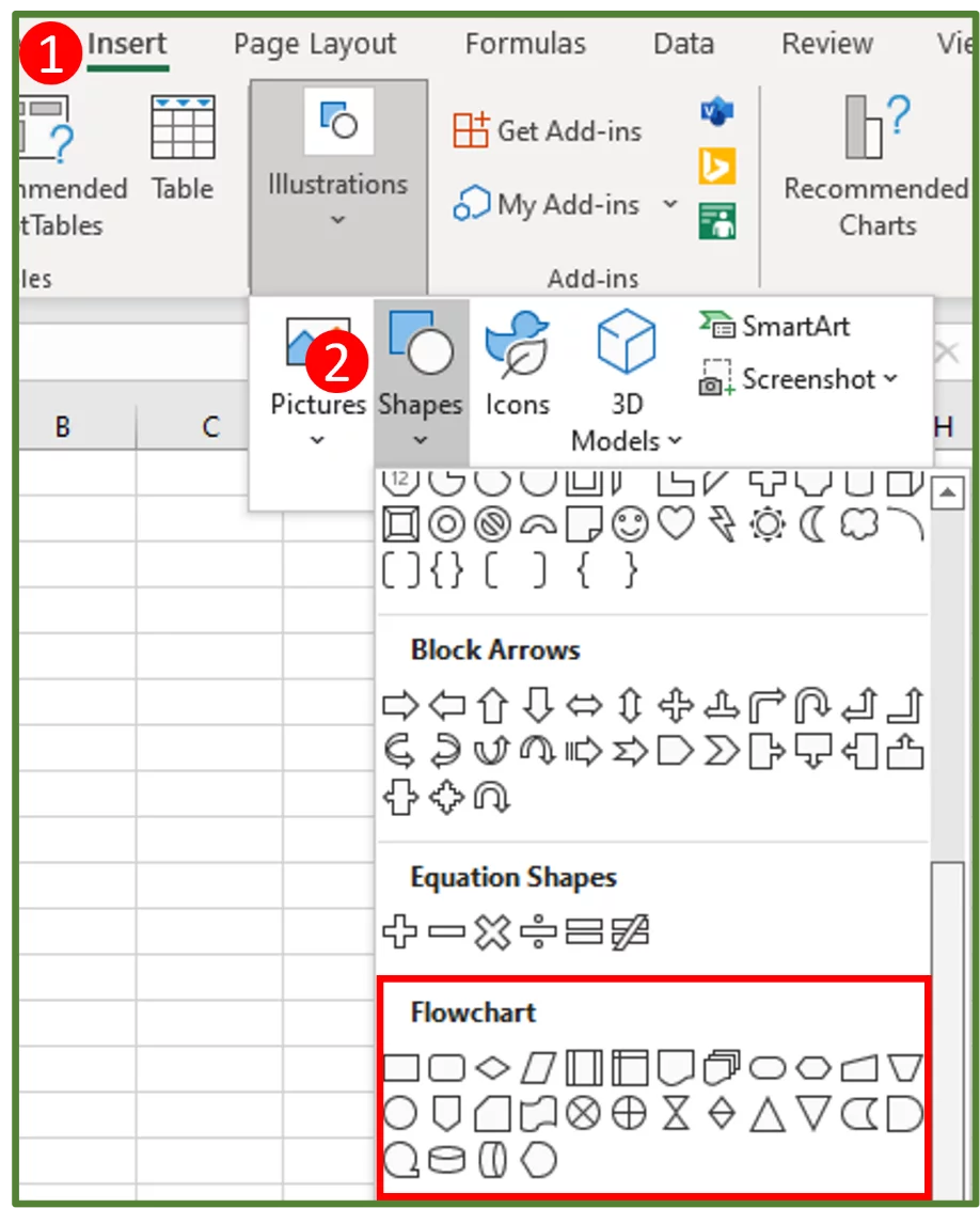 Screenshot showing the Flowchart section in Shapes highlighted.