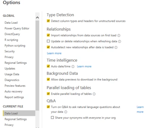 Power BI dashboard Options and settings