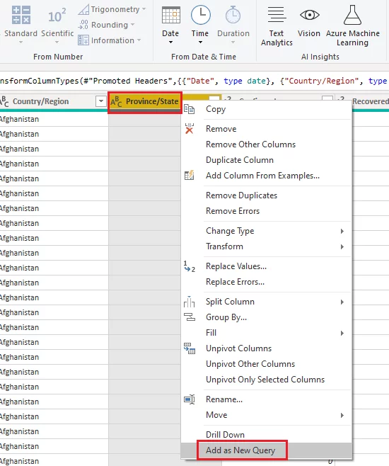 creating a new table for the “Province/State” column