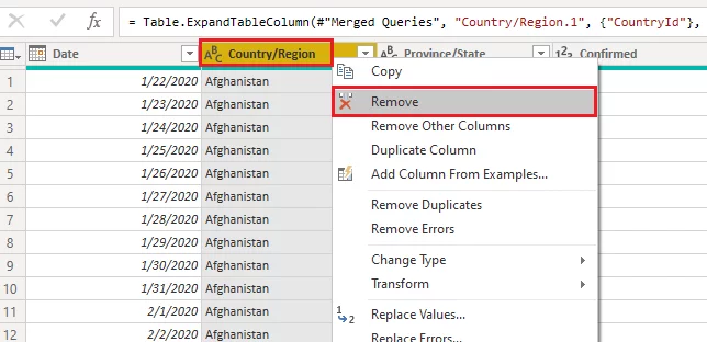 Removing the original “Country/Region”
