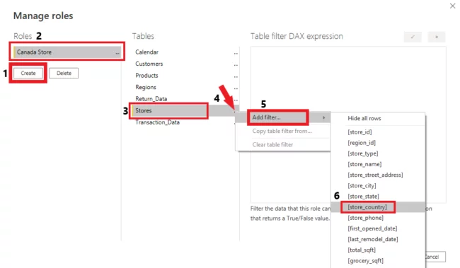 red selections shows role, create, stores, add filter, store-country in the screenshot of manage role option