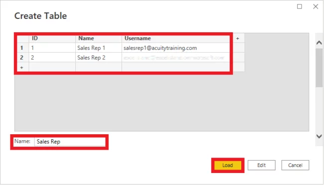 Screenshot of creating a table with three columns with data in them