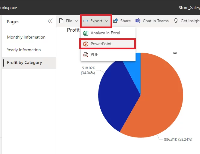 Screen shot of exporting Power BI to PowerPoint directly from the Reports View.