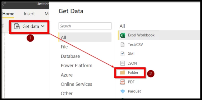 red selection showing get data and folder option