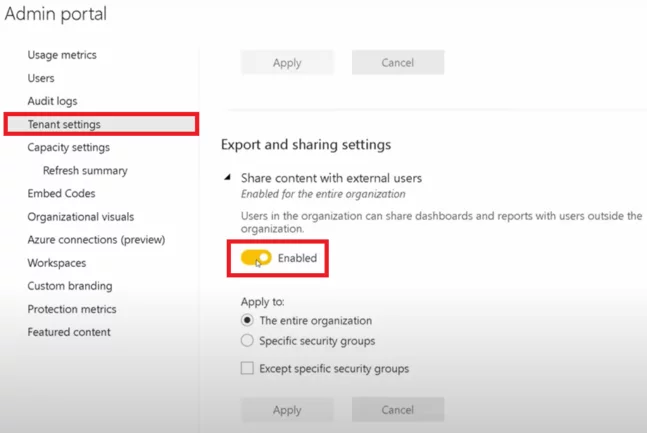 admin portal tenant settings