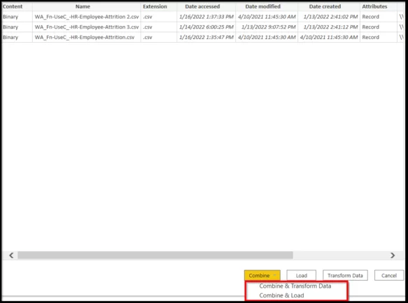 red selection shows combine and transform data