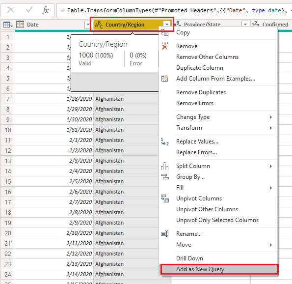 Screenshot of Country/Region” column header