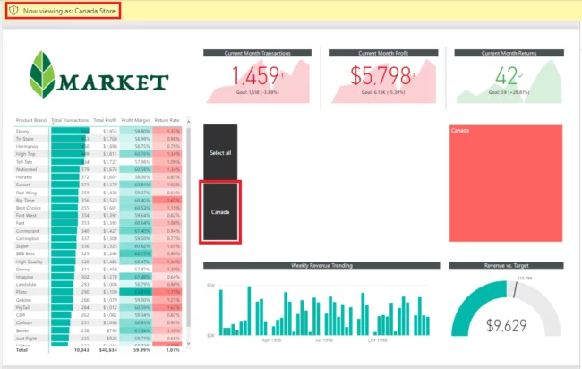 screenshot shows the Power BI has filtered the Report down to the store in Canada