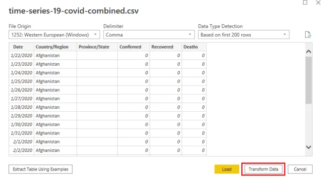 Screenshot of “Transform Data” button