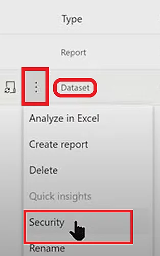 screenshot shows selecting security by hovering over dataset and clicking the Ellipses