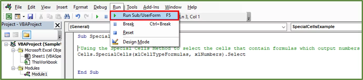 Screenshot showing the Run Sub/Userform option highlighted