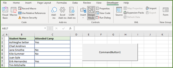 Screenshot showing the button that has been created on the sheet.