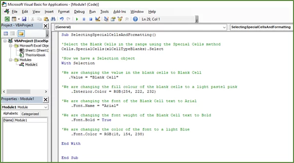Screenshot showing the code for selecting and formatting the blank cells