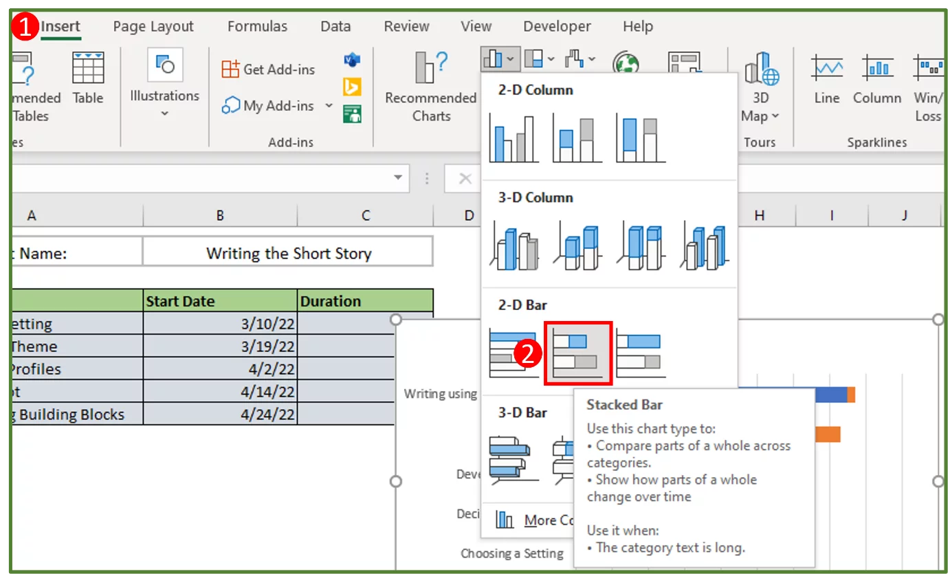 Screenshot showing the 2D Stacked Bar Chart option highlighted.