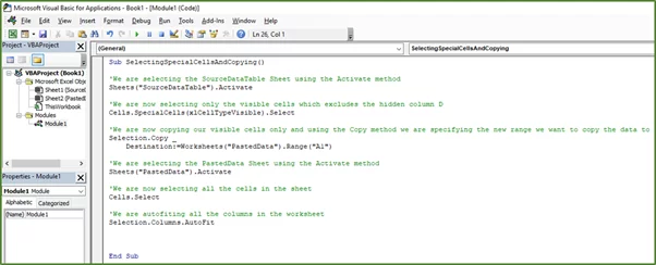 Screenshot showing the code to select and copy only the visible cells