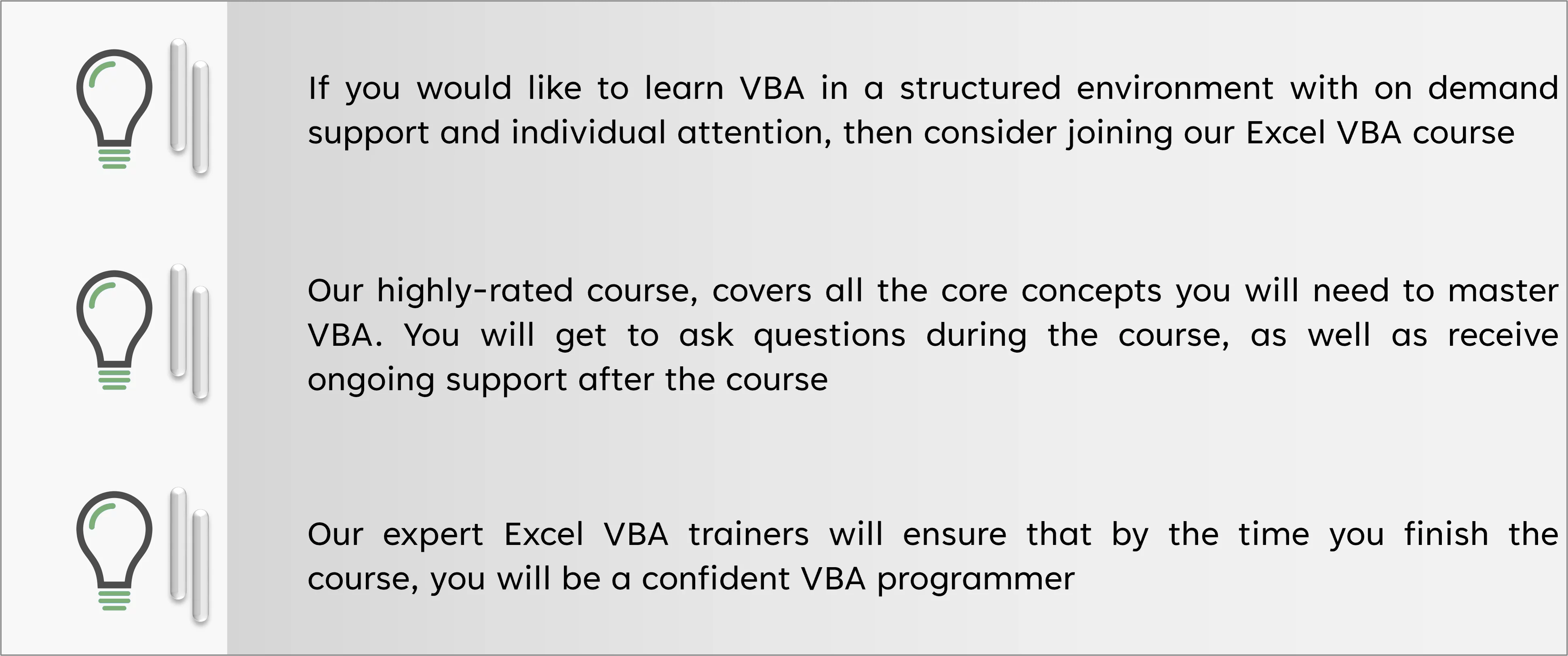 The benefits of signing up for the Excel VBA course graphic