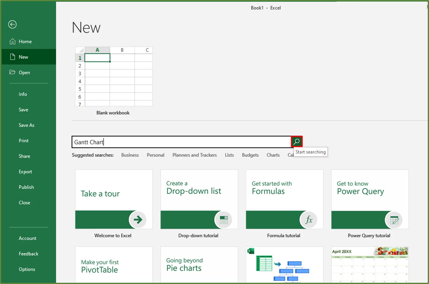 Screenshot showing the term Gantt Chart entered into the Search Box.
