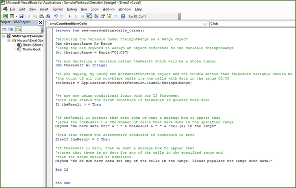 Screenshot showing the code for the more complex Excel COUNTA in VBA example.